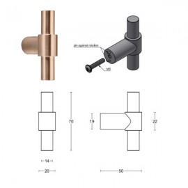 TIRADOR "T" PIET BOON PB14NM PVD BRONCE CLARO 70MM X 14MMØ